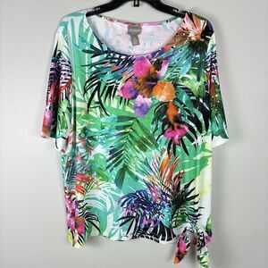 Chicos Top Women XL Multicolor Tropical Floral Stretch Short Sleeve Cruise Beach